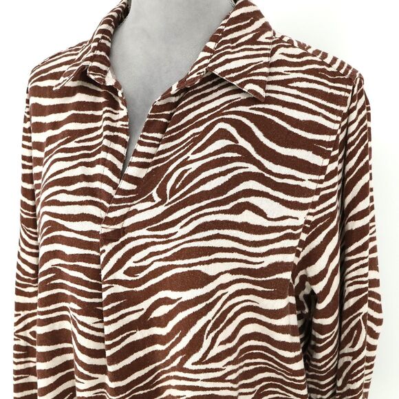 Jones NY Top Plus Size 1X Linen Blend Ivory Brown Animal Print Blouse Henley - Picture 8 of 13